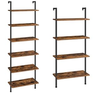 hoobro 6-tier diy ladder shelf and 4-tier wall mounted bookshelf bundle, office vertical bookcase wooden storage shelves for home office, bedroom, rustic brown and black bf65cj01-bf43cj01