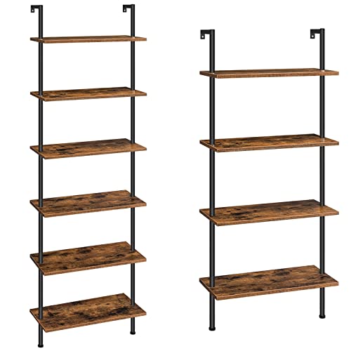 HOOBRO 6-Tier DIY Ladder Shelf and 4-Tier Wall Mounted Bookshelf Bundle, Office Vertical Bookcase Wooden Storage Shelves for Home Office, Bedroom, Rustic Brown and Black BF65CJ01-BF43CJ01