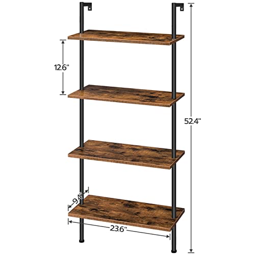 HOOBRO 6-Tier DIY Ladder Shelf and 4-Tier Wall Mounted Bookshelf Bundle, Office Vertical Bookcase Wooden Storage Shelves for Home Office, Bedroom, Rustic Brown and Black BF65CJ01-BF43CJ01