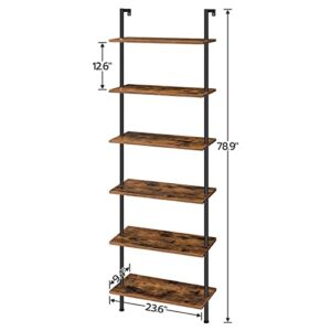 HOOBRO 6-Tier DIY Ladder Shelf and 4-Tier Wall Mounted Bookshelf Bundle, Office Vertical Bookcase Wooden Storage Shelves for Home Office, Bedroom, Rustic Brown and Black BF65CJ01-BF43CJ01