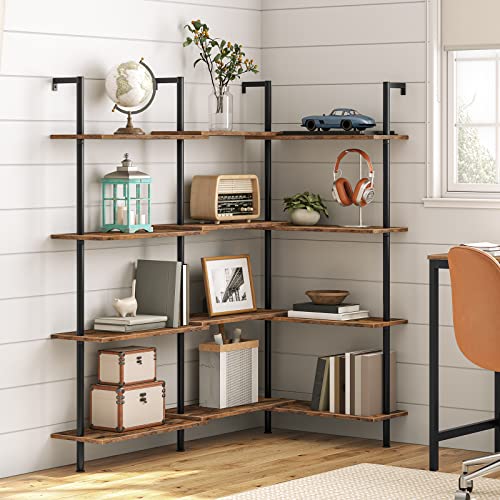 HOOBRO 6-Tier DIY Ladder Shelf and 4-Tier Wall Mounted Bookshelf Bundle, Office Vertical Bookcase Wooden Storage Shelves for Home Office, Bedroom, Rustic Brown and Black BF65CJ01-BF43CJ01