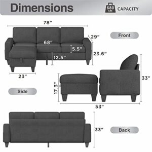 Sunrise Coast Sectional L Shaped Sofas & Couches with Ottoman Modular Convertible 3 Seat Sofas for Living Room Small Apartment, Couches with Storage Space, Dark Gray