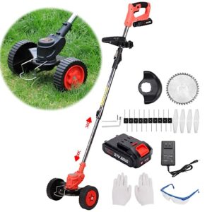 weed eater electric weed wacker battery powered lightweight 3 in 1 small push lawn mower stringless trimmer 3 lawn tools with lightweight wheeled for home garden yard mowing (red)