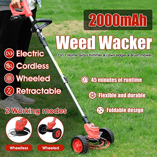 Weed Eater Electric Weed Wacker Battery Powered Lightweight 3 in 1 Small Push Lawn Mower Stringless Trimmer 3 Lawn Tools with Lightweight Wheeled for Home Garden Yard Mowing (Red)