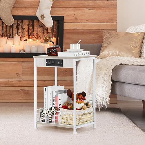 smusei White Nightstand Bedroom End Table with Charging Station Sturdy Bed Side Table for Living Room, Narrow Bedside Night Stands with Storage and USB Ports for Small Spaces Sofa Couch