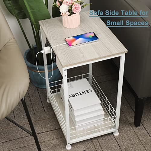 smusei White Nightstand Bedroom End Table with Charging Station Sturdy Bed Side Table for Living Room, Narrow Bedside Night Stands with Storage and USB Ports for Small Spaces Sofa Couch