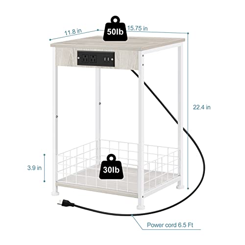 smusei White Nightstand Bedroom End Table with Charging Station Sturdy Bed Side Table for Living Room, Narrow Bedside Night Stands with Storage and USB Ports for Small Spaces Sofa Couch