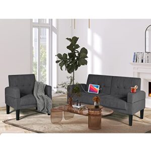 TYBOATLE Tufted Mid-Century Modern Living Room Furniture Sectional Sofa Sets 2 Piece, Loveseat Couch w/ 2 USB, 2 Cupholders and Comfy Accent Arm Chairs for Small Space, Apartment, Office (Dark Grey)