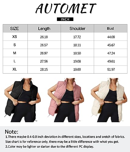 AUTOMET Puffer Vest Women Sleeveless Winter Zip Up Outerwear Warm Puffer Lightweight Stand-up Collar Down with Pocket Fall Outfits 2023