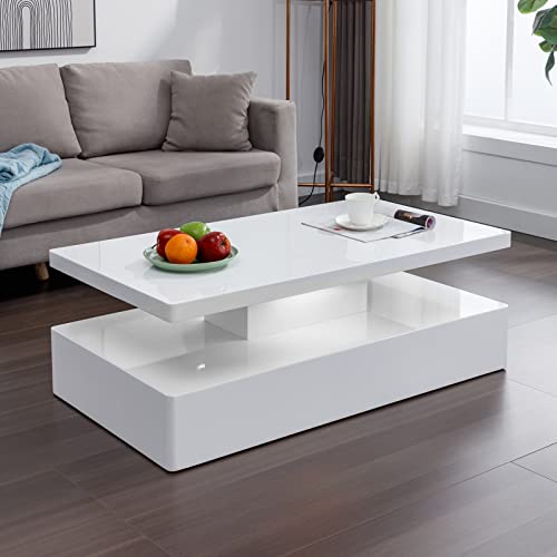 TABU Modern Led Coffee Table, High Gloosy Coffee Table with 12 Colors Lights, Rectangle Smart Table, Living Room Center/End Table with Lights, Living Room Table Furniture (White)