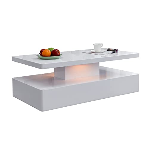 TABU Modern Led Coffee Table, High Gloosy Coffee Table with 12 Colors Lights, Rectangle Smart Table, Living Room Center/End Table with Lights, Living Room Table Furniture (White)