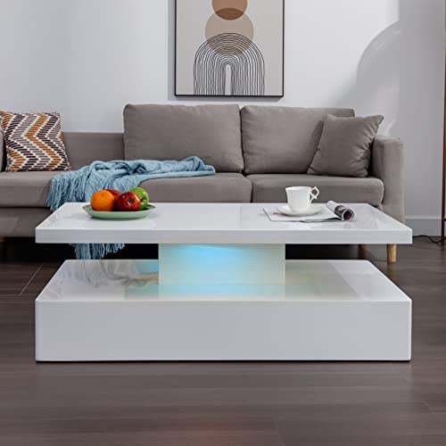 TABU Modern Led Coffee Table, High Gloosy Coffee Table with 12 Colors Lights, Rectangle Smart Table, Living Room Center/End Table with Lights, Living Room Table Furniture (White)