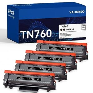 valinkso tn760 toner for brother printer replacement for brother tn760 tn-760 tn 760 tn730 tn-730 tn 730 for mfc-l2710dw dcp-l2550dw mfc-l2750dw hl-l2395dw hl-l2350dw toner tn-730/tn-760 (4 black)