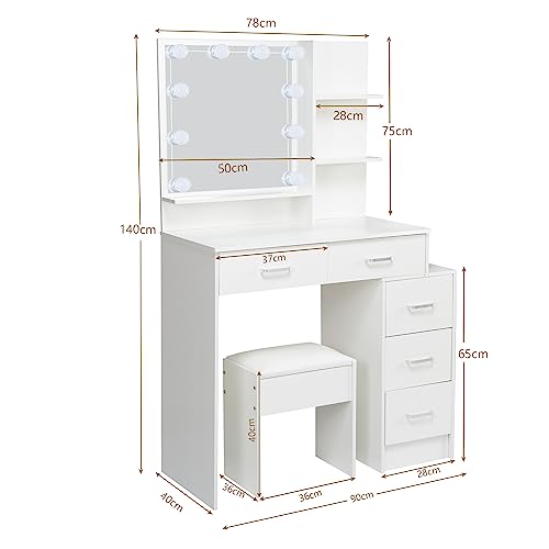 tojump Makeup Vanity with LED Lighted Mirror, White Vanity Desk Set with Drawers & Cabinet, Makeup Table for Bedroom, Cushioned Stool Included (Modern 08)