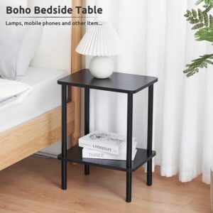 Apicizon 2 Tier End Table, Boho Side Table with Storage Shelf, Nightstand Bedside Table for Small Spaces, Bedroom, Living Room, Entryway, Farmhouse, Easy Assembly,Black