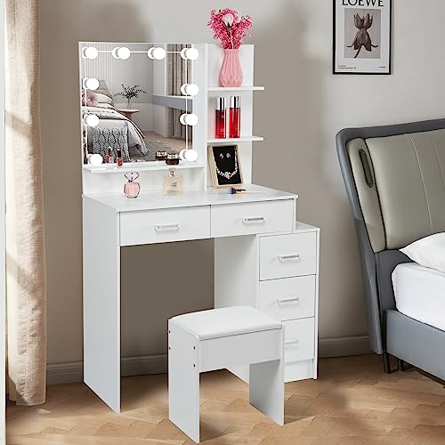 Buildonely Hollywood Girls Vanity Set with 5 Storage Drawers, Makeup Table Set with Wide Desktop and Cushioned Stool, Dressing Desk White Vanity Mirror with Lights for Bedroom