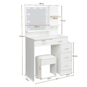 Buildonely Hollywood Girls Vanity Set with 5 Storage Drawers, Makeup Table Set with Wide Desktop and Cushioned Stool, Dressing Desk White Vanity Mirror with Lights for Bedroom