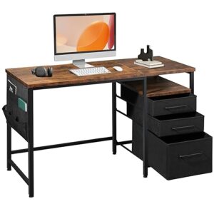maihail computer desk with drawers, 47" desk with 2 drawers and shelves, office desk with storage, desk with storage bag, industrial desk for home office with metal frame for pc laptop, rustic brown