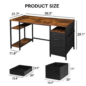 Maihail Office Desk with 2 Drawers, 59" Desk with Shelves. Desk with Storage Bag, Computer Desk for Home Office, Desk with Adjustable Shelves, Industrial Simple Workstation Wood Table, Rustic Brown