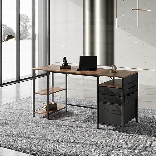 Maihail Office Desk with 2 Drawers, 59" Desk with Shelves. Desk with Storage Bag, Computer Desk for Home Office, Desk with Adjustable Shelves, Industrial Simple Workstation Wood Table, Rustic Brown