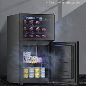 WATOOR Double Door Beverage Wine Cooler with Freezer,1.3 Cu Ft Mini Fridge and 1.3 Cu Ft Freezer with Reversible Door,Dual Zone Temperature Control,Perfect for Home or Office