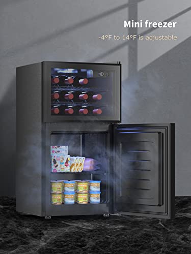 WATOOR Double Door Beverage Wine Cooler with Freezer,1.3 Cu Ft Mini Fridge and 1.3 Cu Ft Freezer with Reversible Door,Dual Zone Temperature Control,Perfect for Home or Office