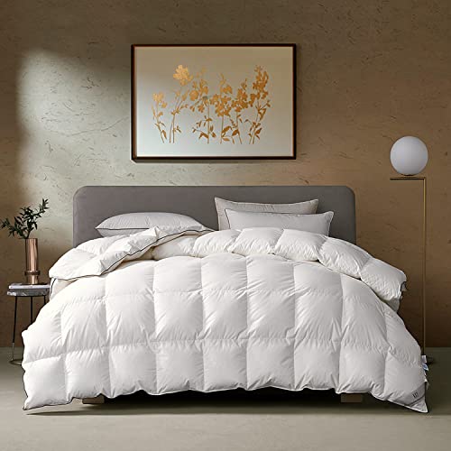 KRT Luxurious Goose Feathers Down Comforter Cal-King Size Solid White Lightweight Duvet Insert 100% Cotton Cover with 8 Corner Tabs Summer Cooling Blanket (White, California King Lightweight)