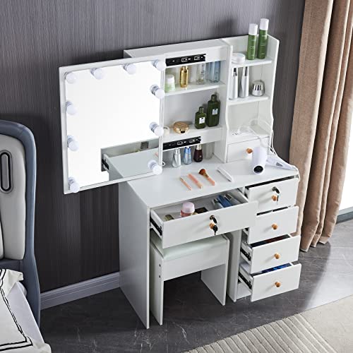 Dradaomull Modern Vanity Table with Chair and Charging Station, White Makeup Dressing Table with Large Mirror 10 Bulbs Dresser Desk for Women Girls