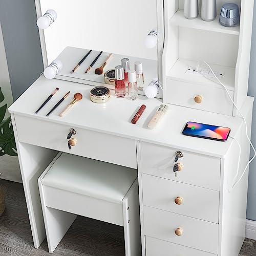 Dradaomull Modern Vanity Table with Chair and Charging Station, White Makeup Dressing Table with Large Mirror 10 Bulbs Dresser Desk for Women Girls