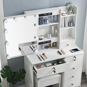 Dradaomull Modern Vanity Table with Chair and Charging Station, White Makeup Dressing Table with Large Mirror 10 Bulbs Dresser Desk for Women Girls