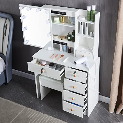 Dradaomull Modern Vanity Table with Chair and Charging Station, White Makeup Dressing Table with Large Mirror 10 Bulbs Dresser Desk for Women Girls