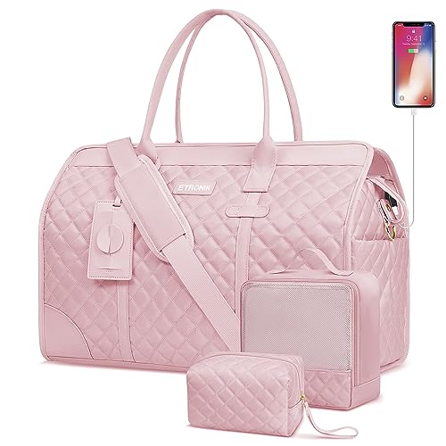 ETRONIK Weekender Bags for Women, Overnight Bag with Wet Pocket & Shoe Bag & Toiletry Bag, Carry on Travel Duffel Bags for Gym Hospital Gift Daily Use, 5 Pcs Set, Pink