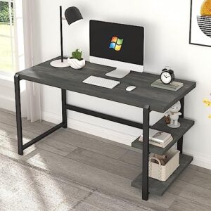 excefur industrial computer desk with shelves, 55 inch rustic wood and metal work study writing table for home office, grey
