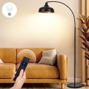 arch floor lamps with remote - dimmable floor lamp 70”, black tall lamp with 360° adjustable hanging metal shade, arc lamps floor standing with 9w bulb, over couch lamps for living room, foot switch