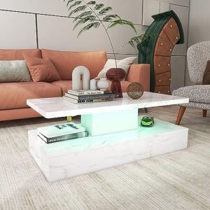 tesquad marble led coffee table, modern led coffee table with high gloss surface, modern white living room table led light high glossy center table for living room