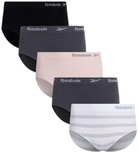 reebok women's underwear - plus size seamless brief panties (5 pack), size 3x, black/blackened pearl/lotus/blackened pearl/white-grey stripe
