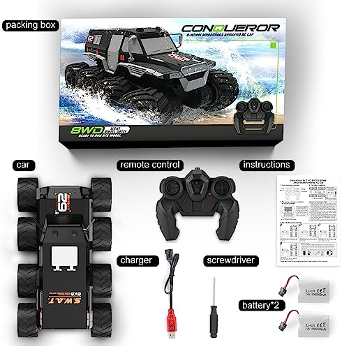 RANFLY RC Cars for Boys Age 8-12, 8WD Amphibious Remote Control Car with 2 Battery, 1:12 Offroad Waterproof RC Trucks, 2.4G All Terrain RC Drift Cars for Adults