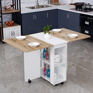vanspace folding dining table drop leaf kitchen table for small spaces with 2 tier storage racks multifunction space saving table extension dinner table wood and white (stools not included)