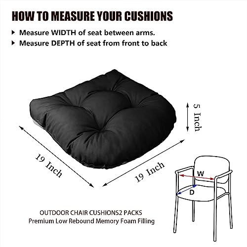 EAIMi Outdoor Chair Cushions - Waterproof Tufted Seat Cushions for Patio Furniture Set of 2 - U Shaped Memory Foam Overstuffed Patio Cushions for Wicker Chair with Round Corner 19"x19"x5", Black