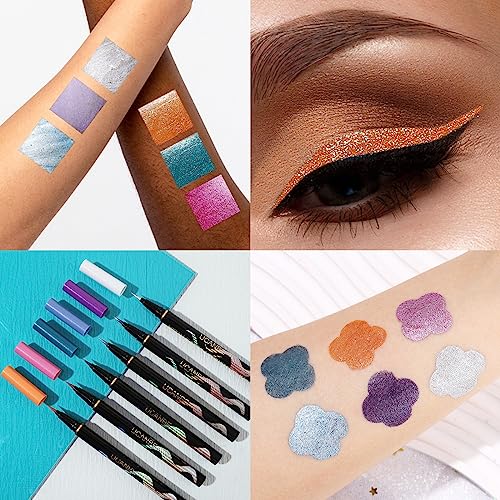 UCANBE 6pcs Metallic Liquid Eyeliner Makeup Set, Shimmer Colored Blue Purple Silver Orange Green Pink Glitter High-Pigmented Colorful Eye makeup, Longwearing Eye Liner Makeup Kit for Starters