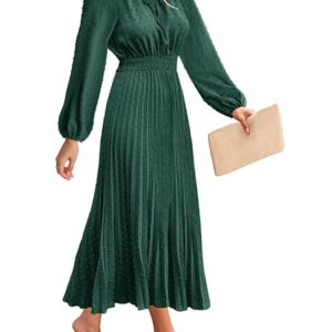 MEROKEETY Womens Elegant Long Lantern Sleeve V Neck Swiss Dot Ruffle Flowy Wedding Guest Dress,DarkGreen,M