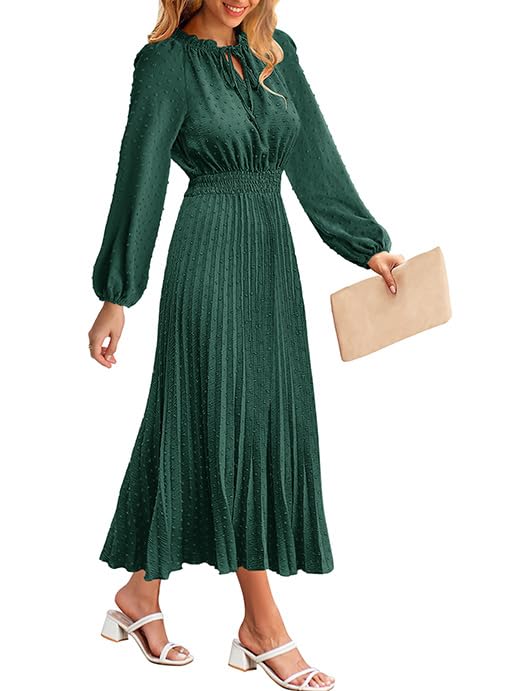 MEROKEETY Womens Elegant Long Lantern Sleeve V Neck Swiss Dot Ruffle Flowy Wedding Guest Dress,DarkGreen,M