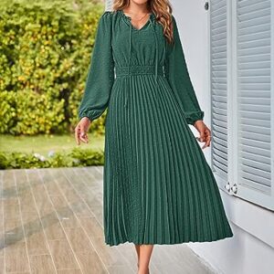 MEROKEETY Womens Elegant Long Lantern Sleeve V Neck Swiss Dot Ruffle Flowy Wedding Guest Dress,DarkGreen,M