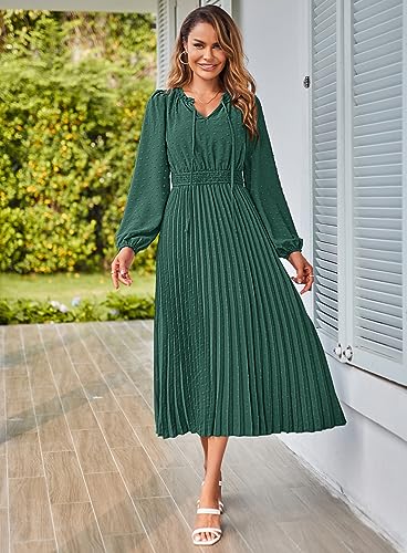 MEROKEETY Womens Elegant Long Lantern Sleeve V Neck Swiss Dot Ruffle Flowy Wedding Guest Dress,DarkGreen,M