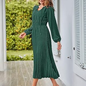 MEROKEETY Womens Elegant Long Lantern Sleeve V Neck Swiss Dot Ruffle Flowy Wedding Guest Dress,DarkGreen,M