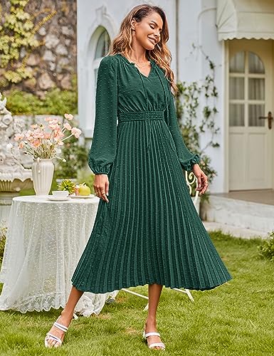 MEROKEETY Womens Elegant Long Lantern Sleeve V Neck Swiss Dot Ruffle Flowy Wedding Guest Dress,DarkGreen,M