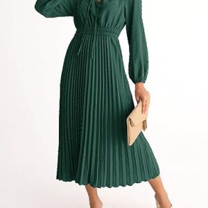 MEROKEETY Womens Elegant Long Lantern Sleeve V Neck Swiss Dot Ruffle Flowy Wedding Guest Dress,DarkGreen,M