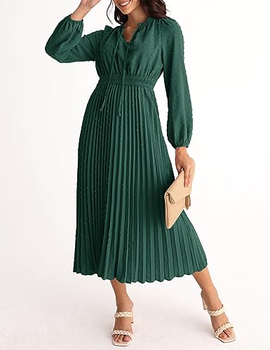 MEROKEETY Womens Elegant Long Lantern Sleeve V Neck Swiss Dot Ruffle Flowy Wedding Guest Dress,DarkGreen,M