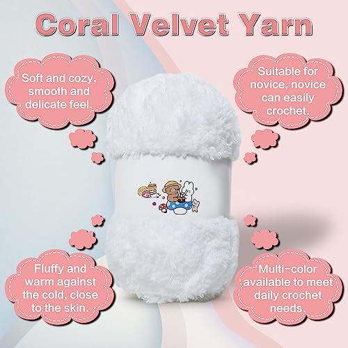 3 PCS 150g Soft Coral Velvet Yarn Chenille Yarn for Crocheting,Fluffy Yarn for Knitting and Croche DIY Craft,Warm Yarn for Bag Hat Scarve Clothe Gloves Slippers Doll(White)