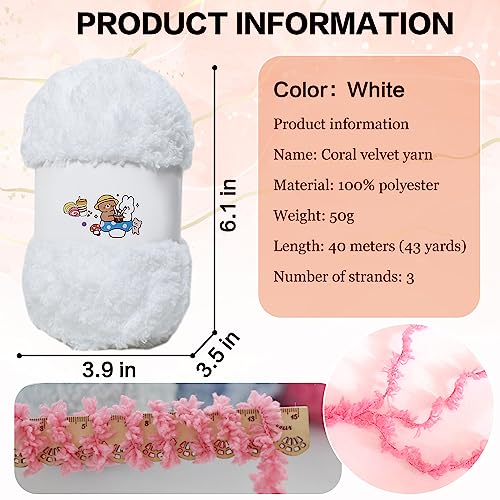 3 PCS 150g Soft Coral Velvet Yarn Chenille Yarn for Crocheting,Fluffy Yarn for Knitting and Croche DIY Craft,Warm Yarn for Bag Hat Scarve Clothe Gloves Slippers Doll(White)